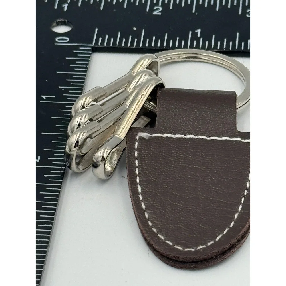 Brown Faux Leather Key Fob Keychain‎ with 4 Silver Key Clips Contrast Stitching